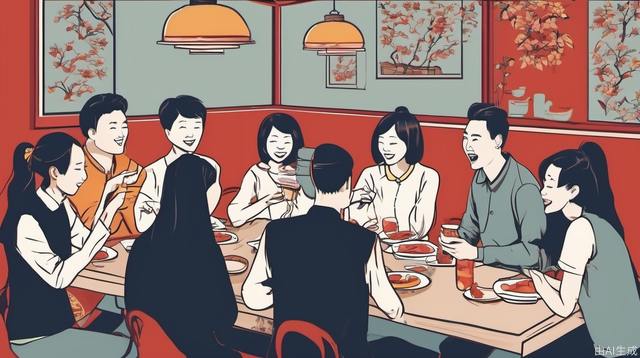 Chinese people, colleagues, eat at a restaurant and talk happily