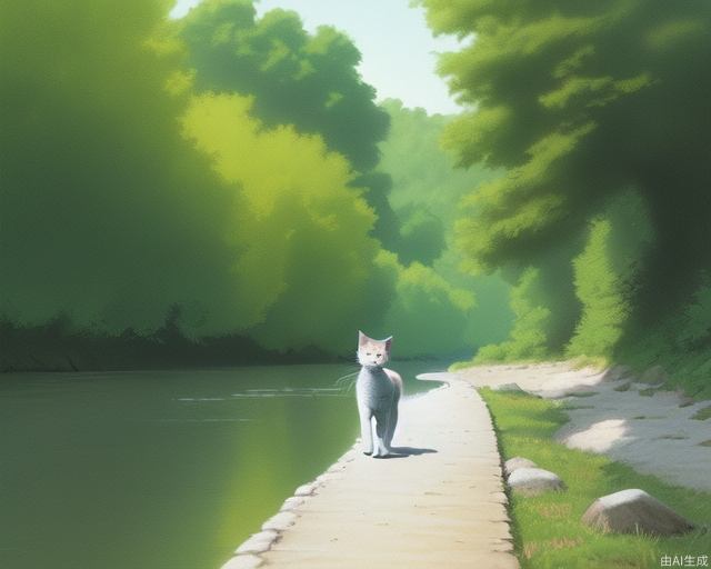 A cute cat is walking by the river