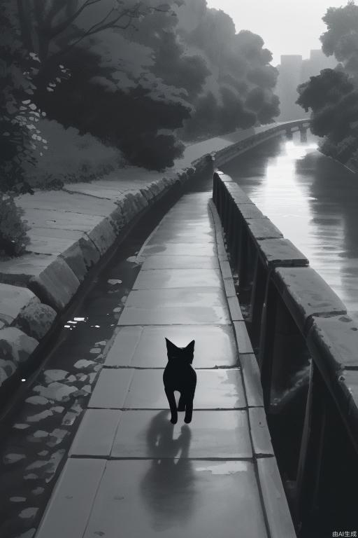 A black and white cat is walking by the river