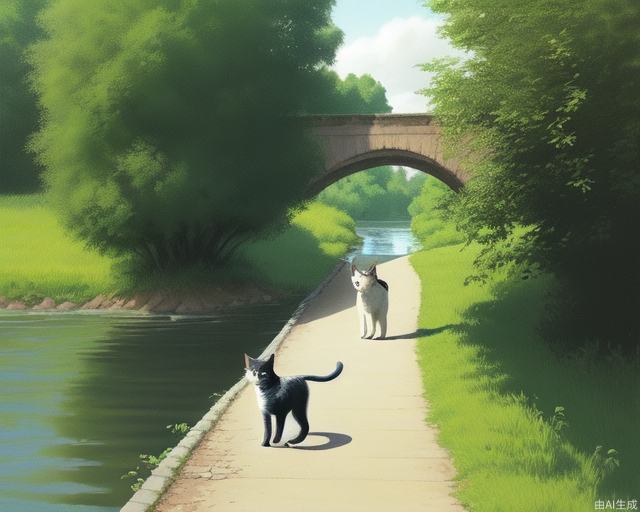 一只可爱的猫在河边散步
