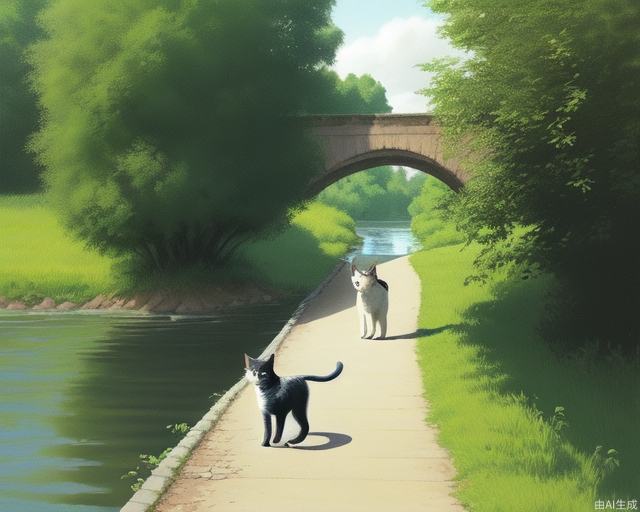 A cute cat is walking by the river