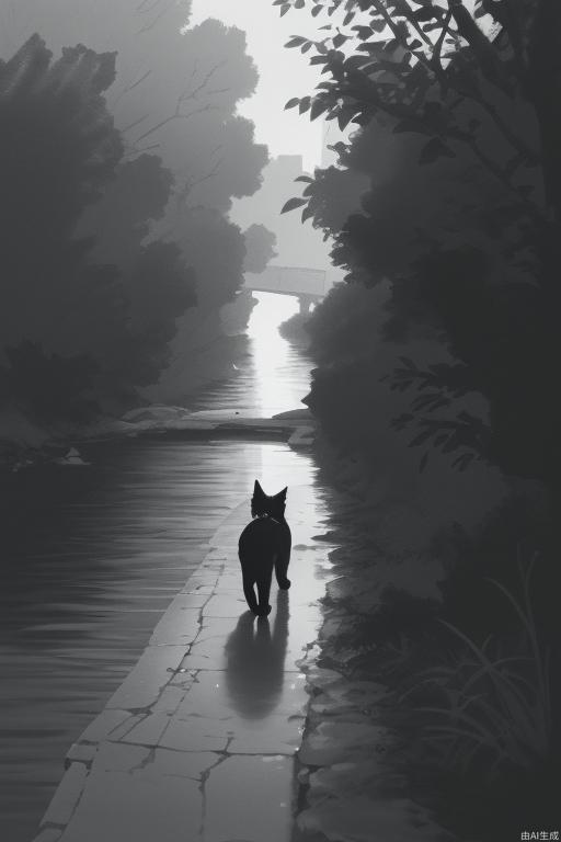 A black and white cat is walking by the river