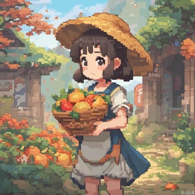 (Masterpiece, top quality), Miyazaki style, a cute little girl holding a cornucopia
