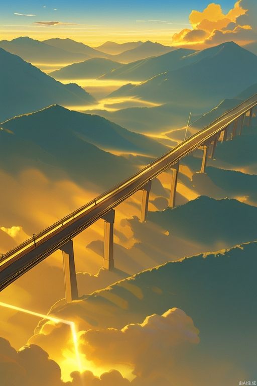 A superhighway bridge 300 meters above sea level winds its way through the mountains, with a thin layer floating above it, glowing golden in the early morning sun