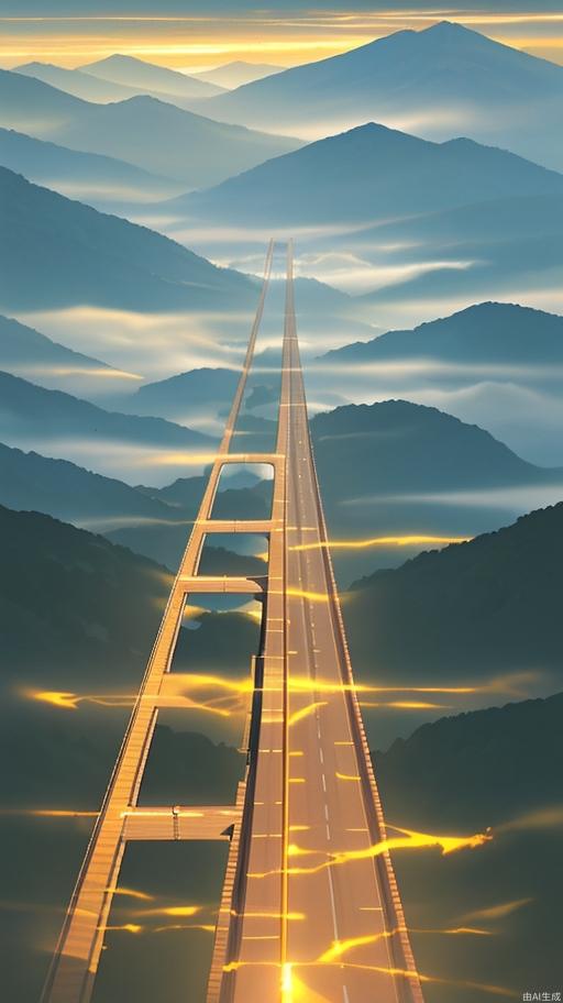 A superhighway bridge 300 meters above sea level winds its way through the mountains, with a thin layer floating above it, glowing golden in the early morning sun