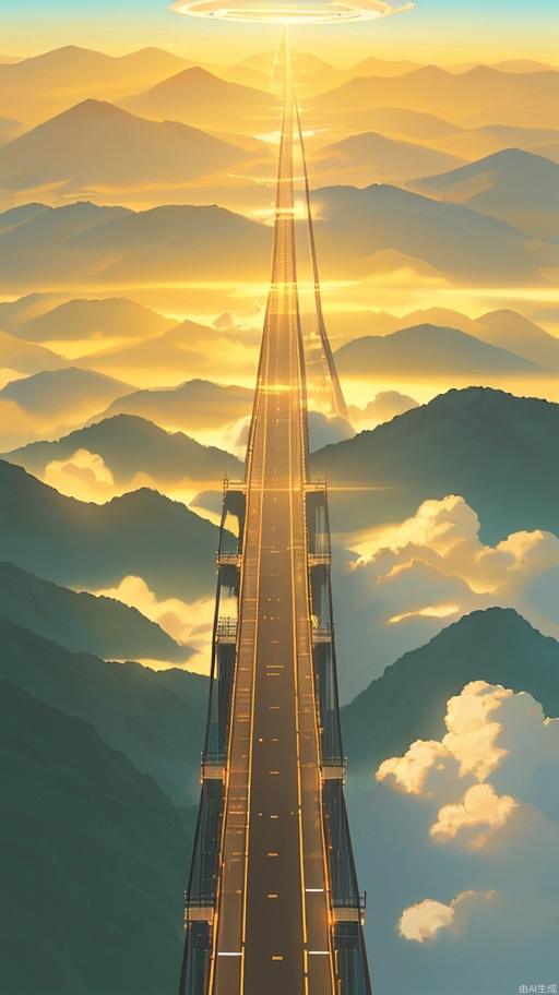 A superhighway bridge 300 meters above sea level winds its way through the mountains, with a thin layer floating above it, glowing golden in the early morning sun