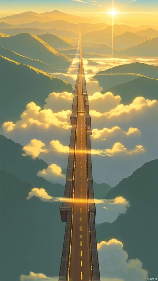 A superhighway bridge 300 meters above sea level winds its way through the mountains, with a thin layer floating above it, glowing golden in the early morning sun