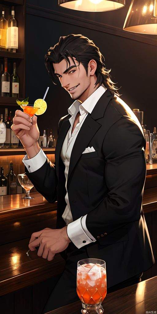 masterpiece, extremely detailed CG unity 8k wallpaper, best quality, Amazing, finely detailed, cinematic lighting, highres, an extremely delicate and beautiful, ray tracing, original, incredibly_absurdres, colorful, intricate detail, artbook, 
1 guy, solo, handsome, drinking in a bar, stylish attire, chiseled jawline, suave smile, well-groomed hair, confident posture, dimly lit atmosphere, modern bar setting, cocktail in hand, social ambiance