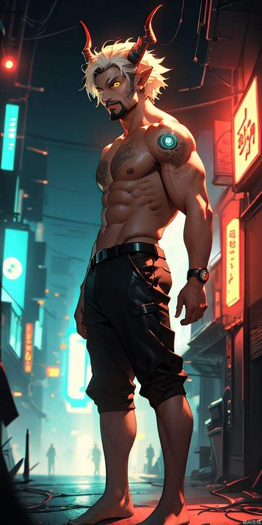 masterpiece,best quality,highres,4k,1man,oniNFT,full body,facial hair, front view,male focus,short hair,neon background,cyberpunk,barefoot ,oni horns,topless male, yellow eyes, bell,muscular male,volume light,depth of field,  