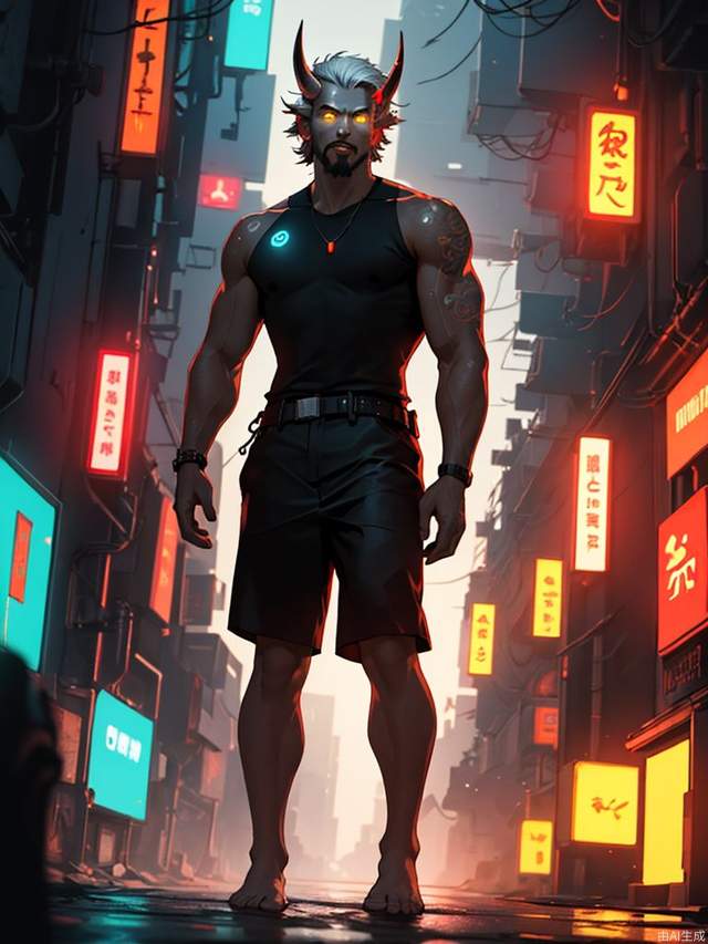 masterpiece,best quality,highres,4k,1man,oniNFT,full body,facial hair, front view,male focus,short hair,neon background,cyberpunk,barefoot ,oni horns,topless male, yellow eyes, bell,muscular male,volume light,depth of field,  