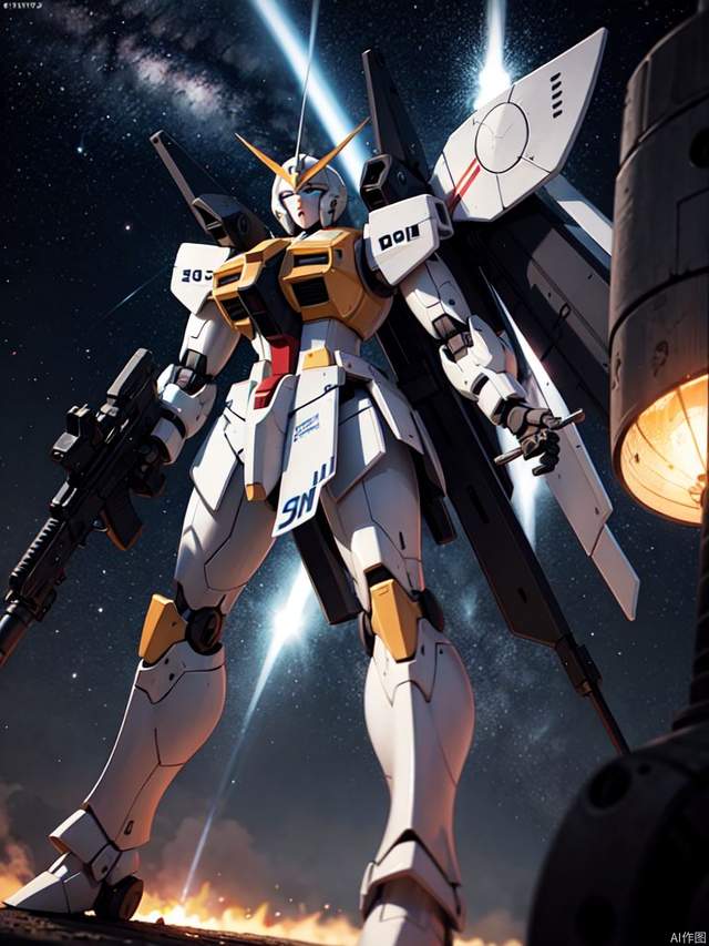 BJ_Gundam,solo,blue_eyes,standing,weapon,gun,no_humans,glowing,robot,mecha,science_fiction,space,v-fin,energy_gun,mobile_suit,beam_rifle,cinematic lighting,strong contrast,high level of detail,Best quality,masterpiece,<lora:Gundam_Mecha_v3.1:0.7>,