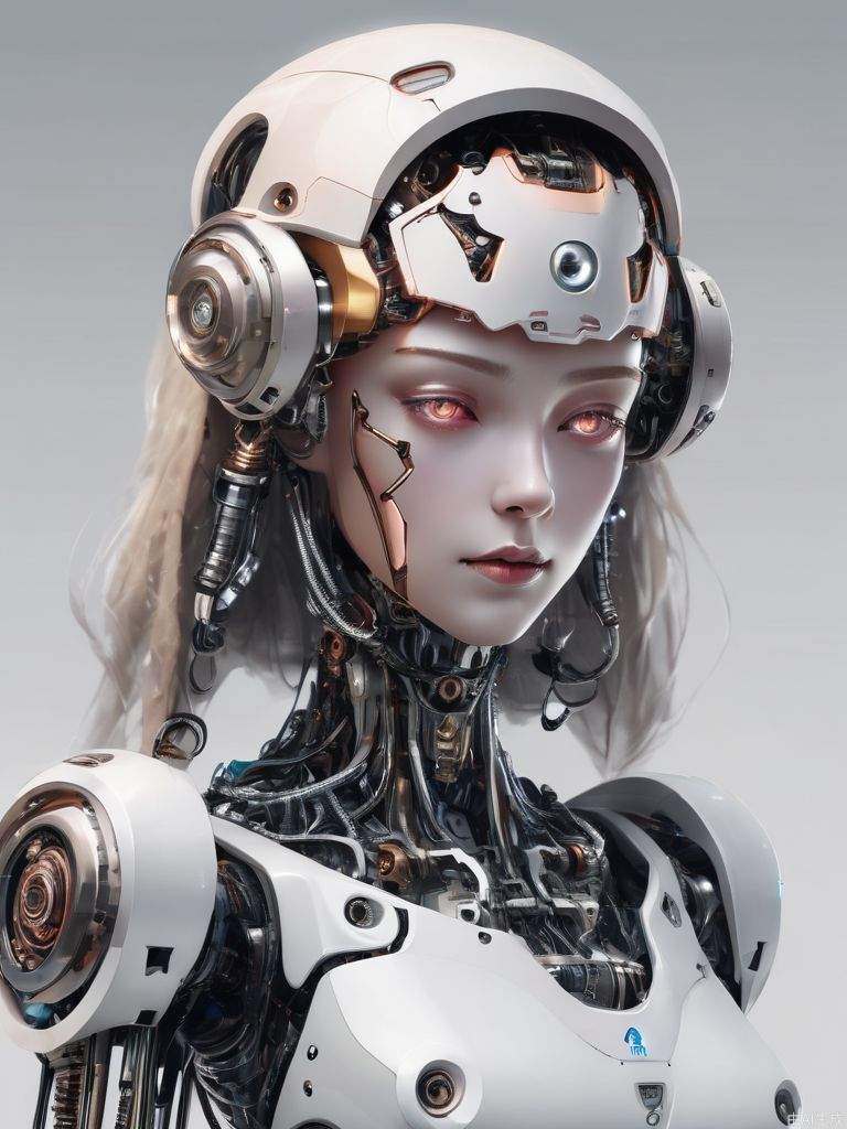 由女性机器人、详细面部、发光手臂组成的机