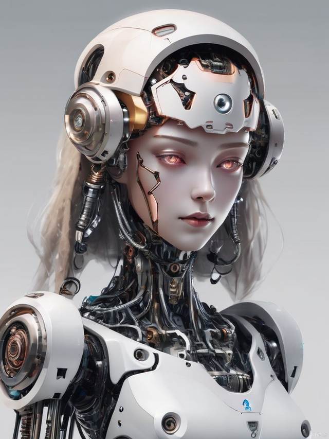 Mechanical parts consisting of female robot, detailed face, luminous arm