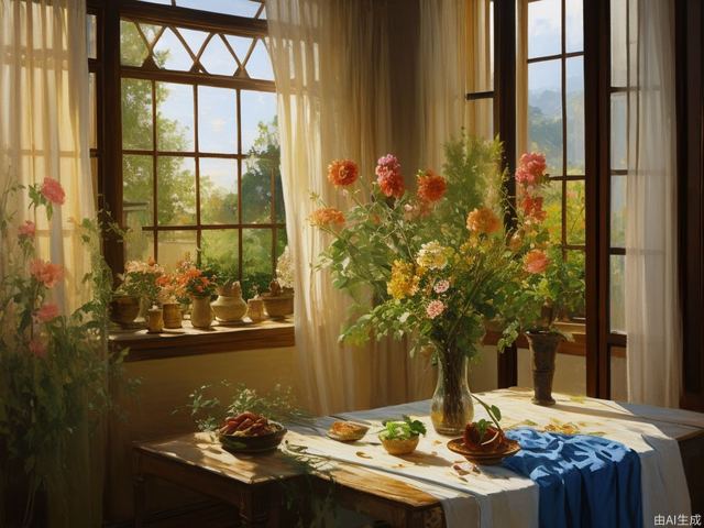 yinxiang,window,no humans,flower,plant,traditional media,vase,curtains,scenery,shadow,still life,leaf,painting,medium,indoors ,