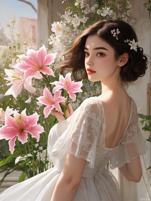 Bestquality,masterpiece,1girl,beautiful_face,eyebrows_visible_through_hair,lily_\(flower\),dress,holding_flower,from_side,