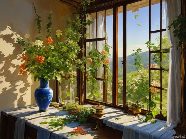 yinxiang,window,no humans,flower,plant,traditional media,vase,curtains,scenery,shadow,still life,leaf,painting,medium,indoors ,