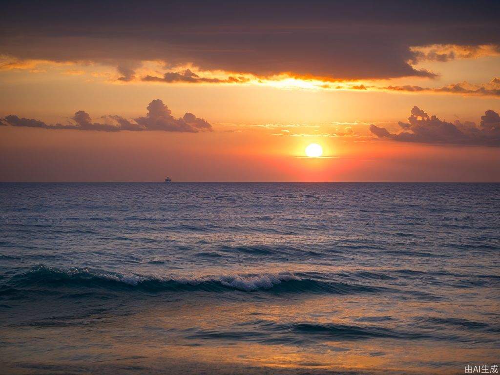 真实摄影，浩瀚的金红色太阳从海上云层后升