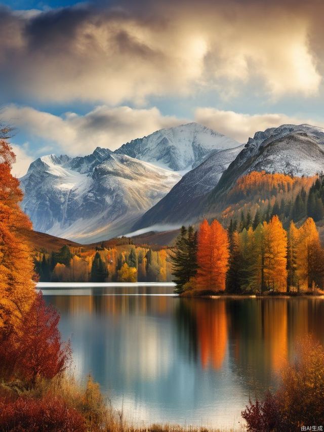 Realistic, lakes, gradual sky, snowy mountains shrouded in clouds, autumn, forests,