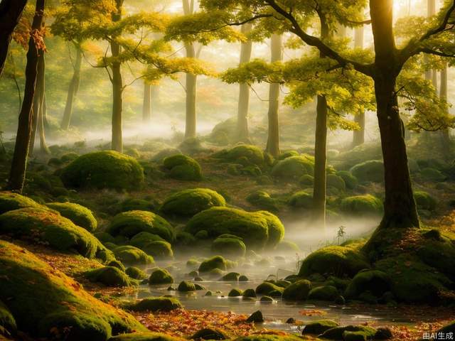 True photography, autumn forests illuminated by sunlight through fog，misty of forest
