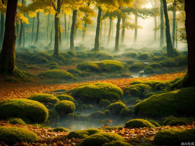 True photography, autumn forests illuminated by sunlight through fog，misty of forest