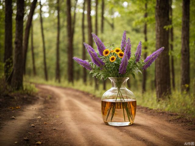 True photography, focusing on wild flowers in a glass vase, with a green and blurry forest background
