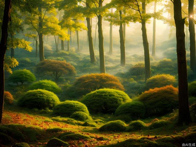 True photography, autumn forests illuminated by sunlight through fog，misty of forest