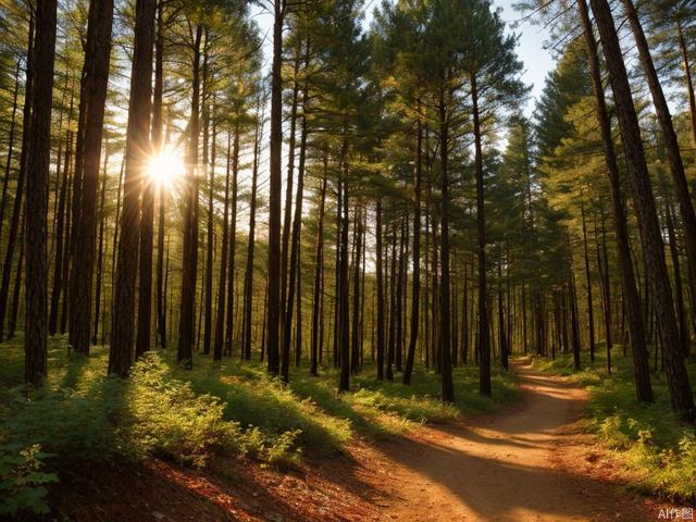 True photography, when the sun rises, the sunlight passes through the pine trees and paths in the woods from the side