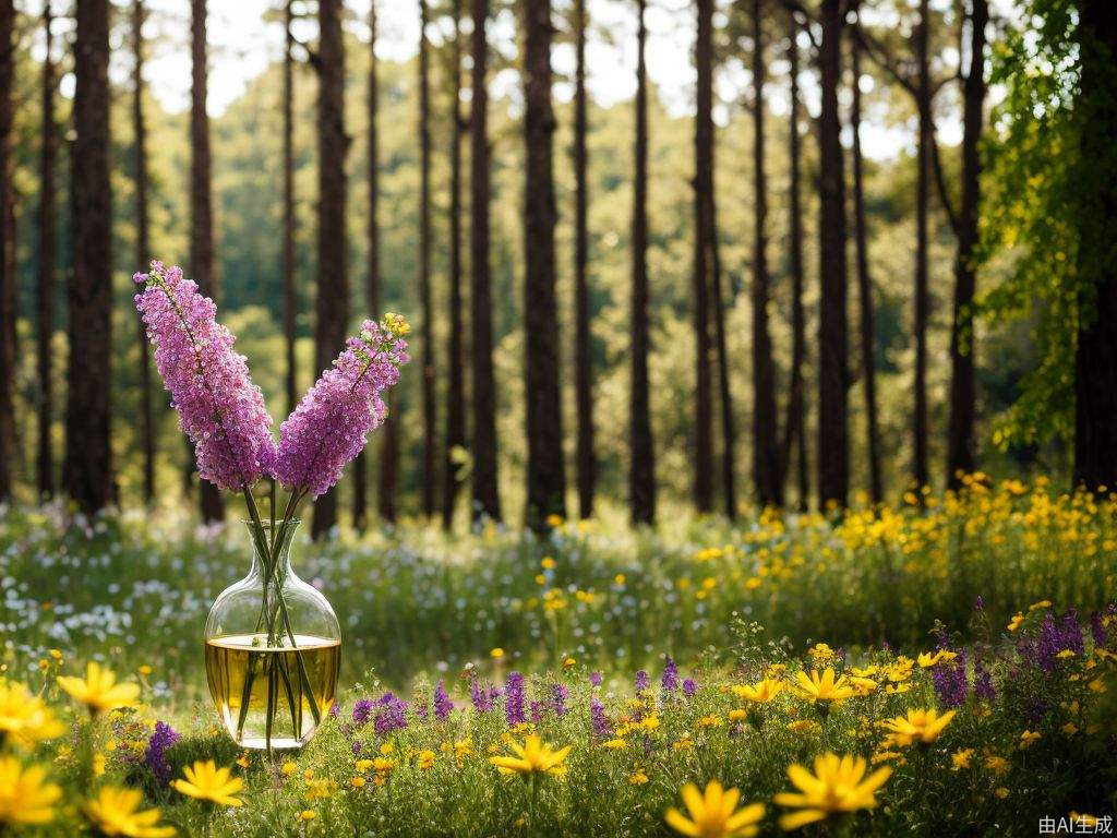 真正的摄影，聚焦玻璃花瓶中的野花，绿色模