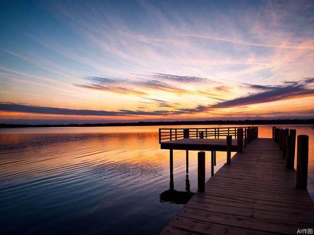 True photography, sunset on fishing dock, dreamy colored sky