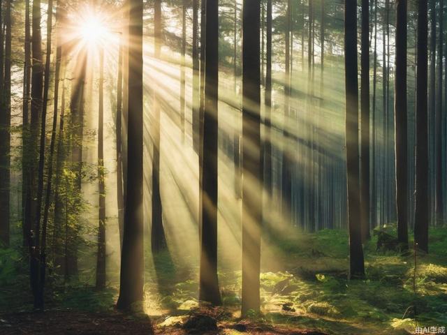 A forest, with sunlight shining through.