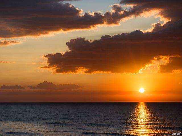 True photography, the vast golden red sun rises from behind clouds on the sea