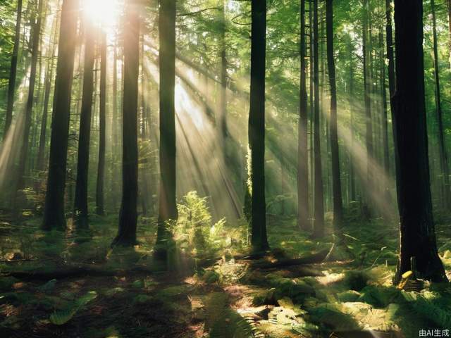 A forest, with sunlight shining through.