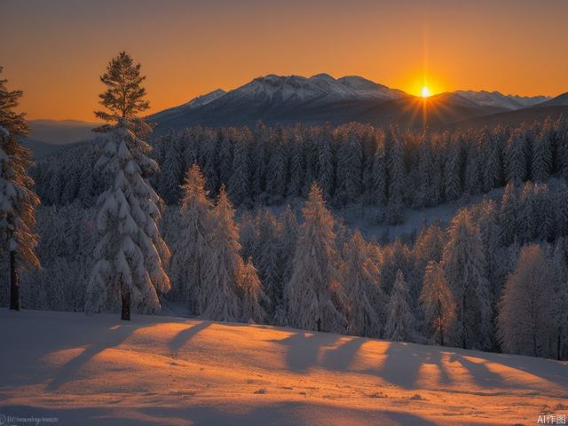 Winter, snow, pine forests and distant mountains, sunset glow