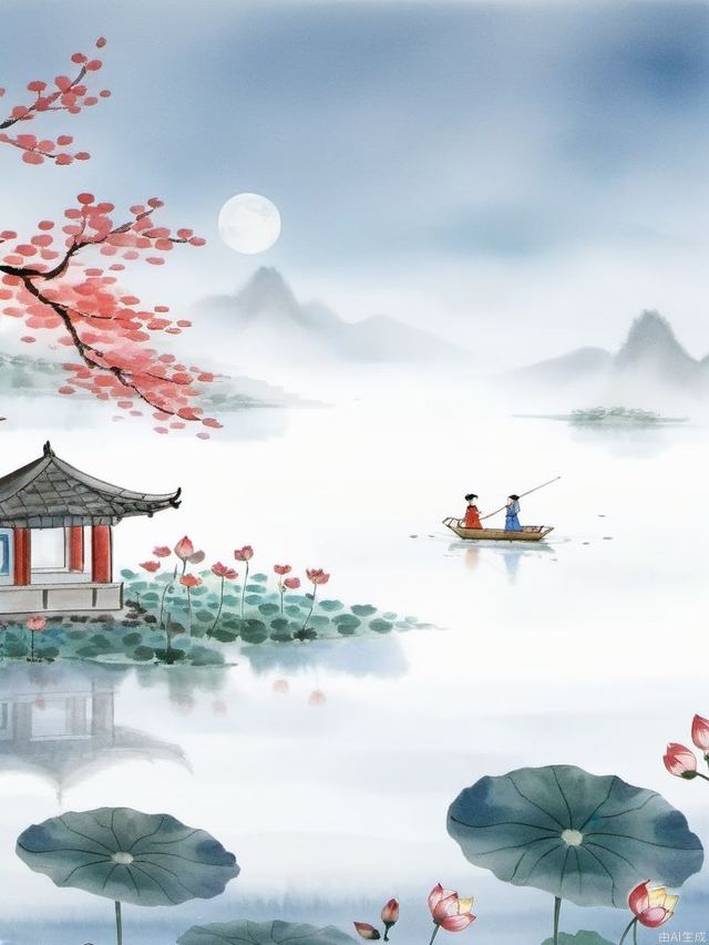 Ink painting,1man,kids,Chinese architecture,lake,lotus leaf,lotus,distant mountain,moon,in spring,a tree with red flowers blooming,island,boat,in a meadow,green tree,blue sky,in summer,