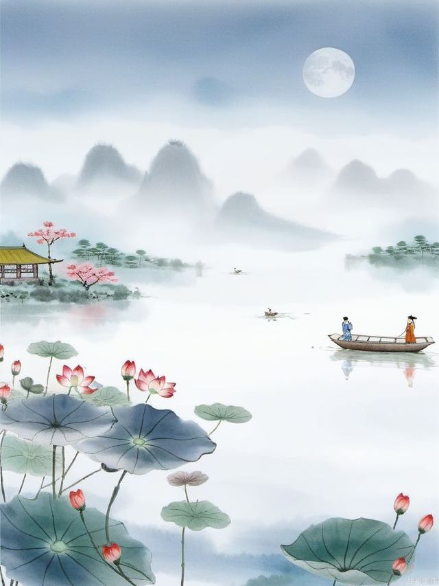 Ink painting,1man,kids,Chinese architecture,lake,lotus leaf,lotus,distant mountain,moon,in spring,a tree with red flowers blooming,island,boat,in a meadow,green tree,blue sky,in summer,