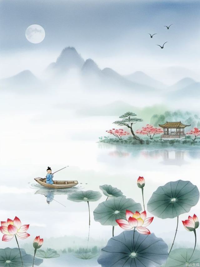 Ink painting,1man,kids,Chinese architecture,lake,lotus leaf,lotus,distant mountain,moon,in spring,a tree with red flowers blooming,island,boat,<lora:shuimo1:0.8>,in a meadow,green tree,blue sky,in summer,