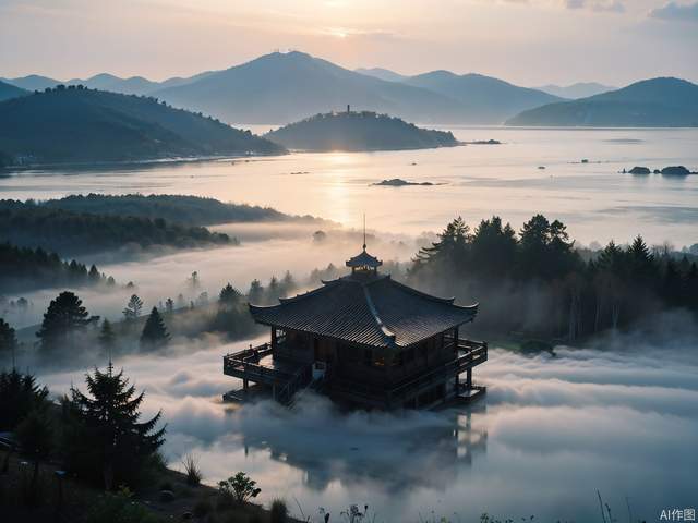 (masterpiece), (best quality: 1.2), (ultra-high resolution: 1.2), (realistic: 1.2), (8k: 1.2),nsanely detailed, hyper quality, ultra detailed,little fog,Ancient constructionm,Bird's eye view, distant mountains,ladder,