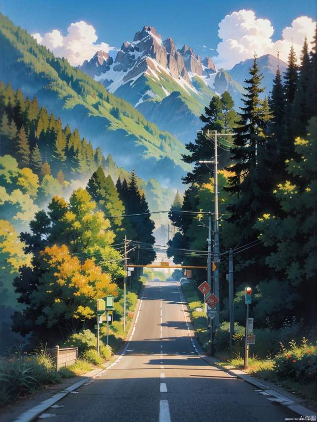 beautiful anime scenery of highway going to the hills in a city,masterpiece,best quality,detailed,anime style,