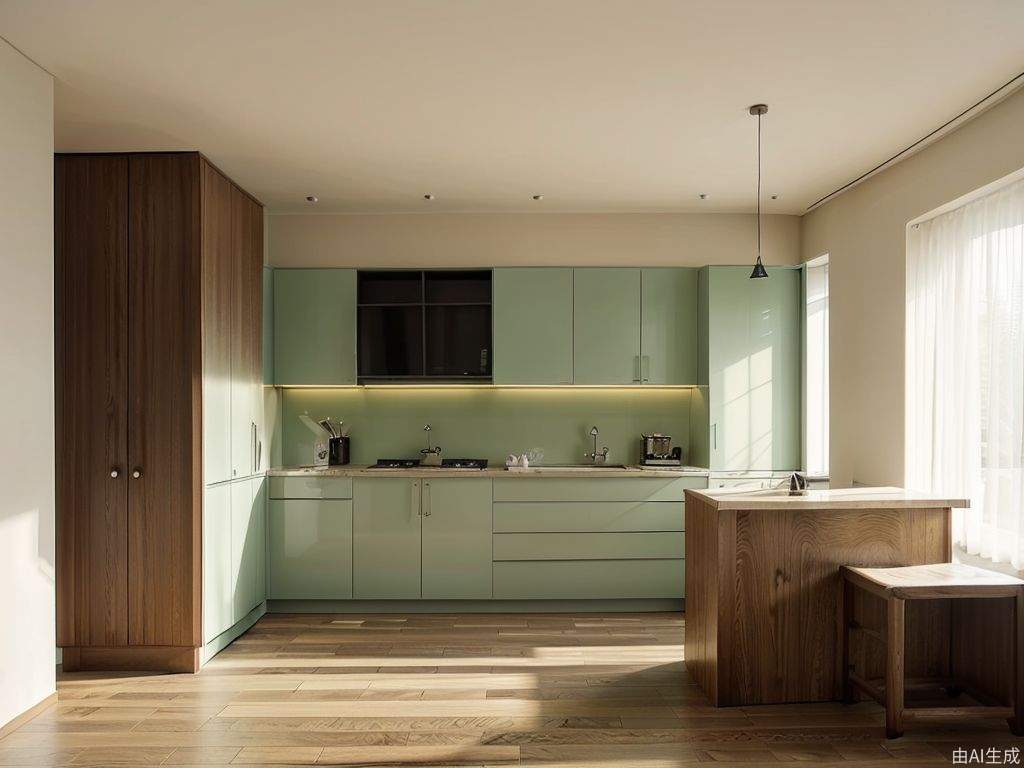 厨房室内设计，浅绿色风格
极简主义，纯色