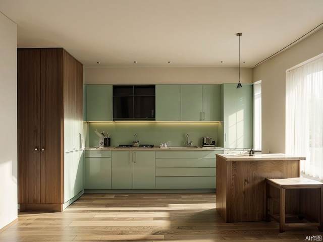 Kitchen interior design, light green style
Minimalism, solid color, photography, furniture design, shooting in natural light and high contrast, ultra-fine, realistic, 16k, unreal engine