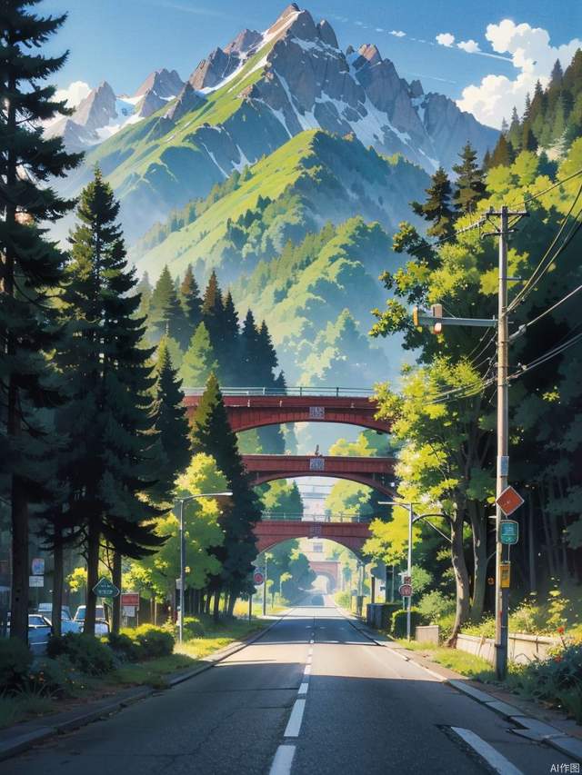 beautiful anime scenery of highway going to the hills in a city,masterpiece,best quality,detailed,anime style,