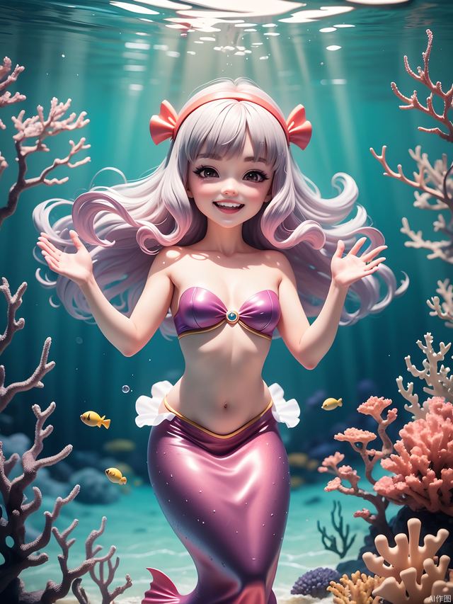 Little Mermaid, graying hair, happy smile, action shot, long hair, solo, Bangs, body, brown eyes, shell, little fish, coral, pearl, Little Fish, curly hair, headband, bluish-purple tone, warm romance, undersea coral, best quality, masterpiece, cinematic light, super high resolution, Chibi, 8k