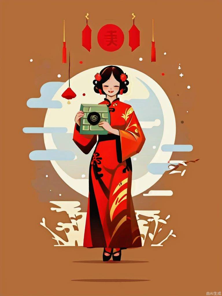 1个女孩，中国旗袍，手里拿着月饼