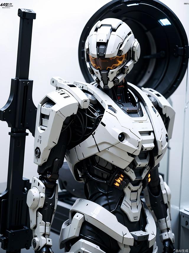 4K,High Quality,realistic,contrast,masterpiece,halo mecha,streamlined,moisturizing feeling,Combat mecha,(pure white background:1.1),(translucent glass:1.4),inside the glass cover,future technology,science fiction,mecha clothes,slender_waist,navel,medium breasts,((fair_skin)),weapon,sword,holding a sword,