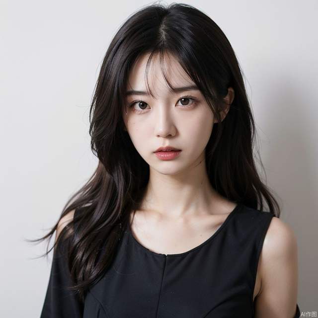 White background. A close-up photo of a Chinese female youth wearing a black dress with a angry on the front and looking at the camera.