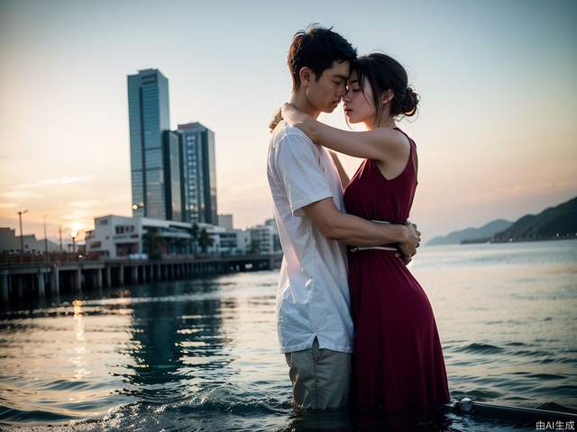 none，Asia man in a white T-shirt and an chinese woman in a red dress ，kiss each other，beside clear sea, depth of field, natural-light,SONY color