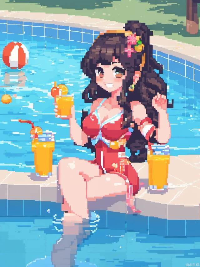 MG_xiangsu,Pixel style, 1 girl, long curly hair, sweet face, smile without teeth, swimming pool, sunglasses, drinking juice