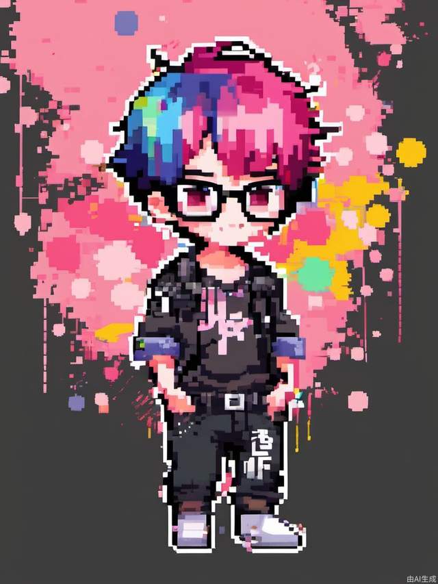 Pixel style,MG_xiangsu,1boy,solo,male focus,glasses,holding,chibi,paint,earrings,smile,jewelry,brown hair,paint splatter on face,pants,pink hair,paintbrush,looking at viewer,paint splatter,black eyes,short hair,holding paintbrush,standing,undercut,full body,palette \(object\),closed mouth,gradient background,black-framed eyewear,shirt,black footwear,gradient,round eyewear,painting,<lora:MG_像素风格:1>,