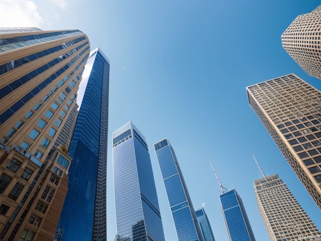 Real photos, looking up at skyscrapers from a low angle,