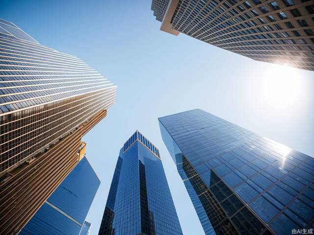 Real photos, looking up at skyscrapers from a low angle,